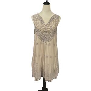 Embroidered Mesh Lace Taupe Western Dress M Ruffle Hem Romantic Boho